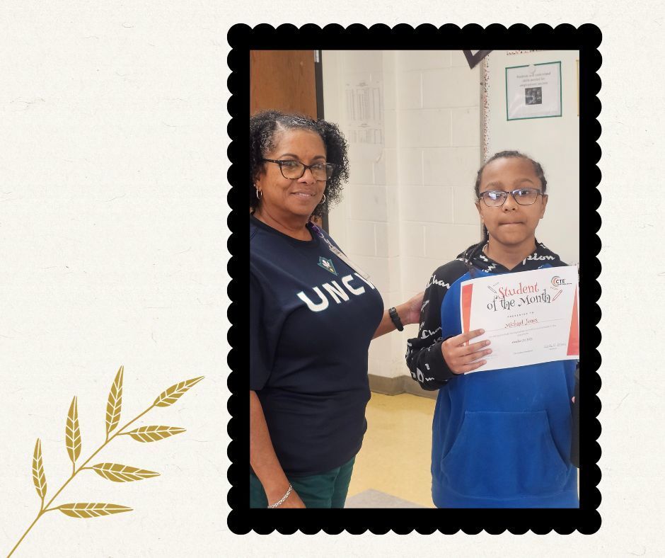 CTE October Student of the Month Michael Jones Sampson Middle School